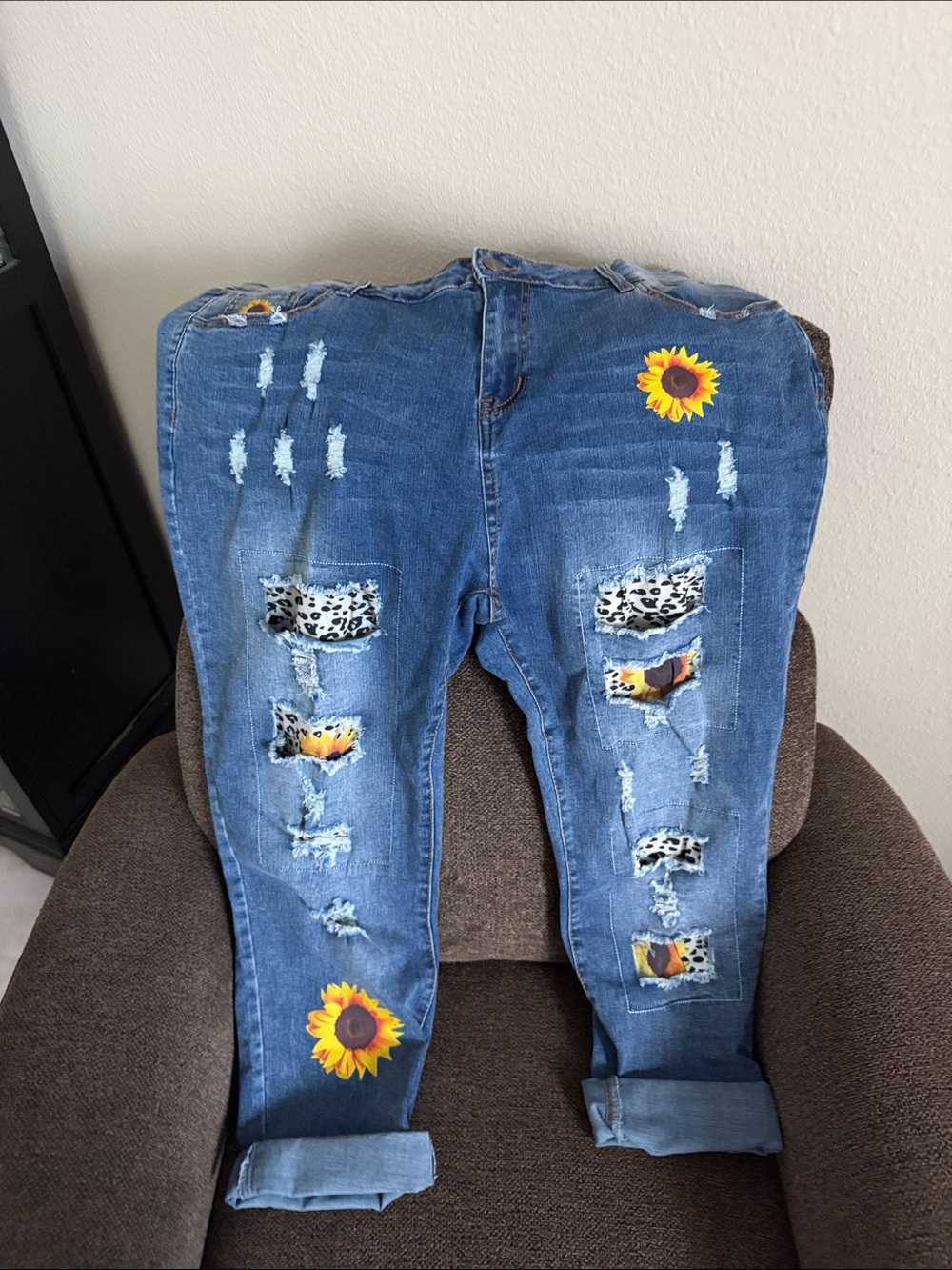 Sunflower Patch Distressed Boyfriend Jeans - Blue Denim